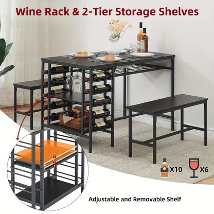 3-delige Eettafelset – Eettafel Met Banken – Tafeltje Met Opbergruimte – Barkrukset – Bankenset – Compact Ruimtebesparend Ontwerp – Stevig Hout Metaal Grijs