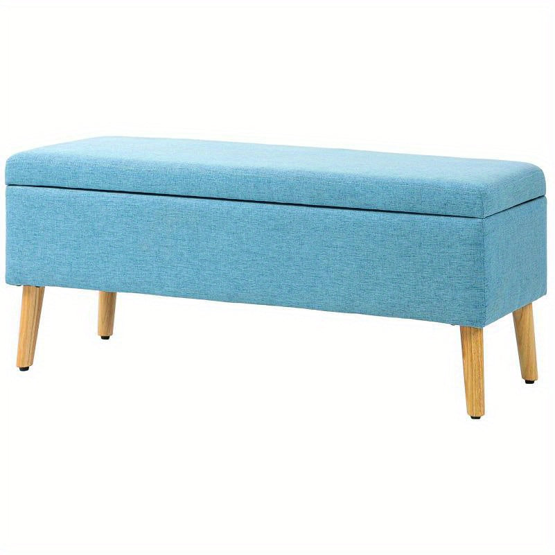 Opbergbank – Opbergbox – Zitbank – Opbergkist – Bankje – Blauw Gestoffeerde Opbergbank – Linnenlook Polyester – Stevige Rubberwood Poten – 110x39x45 cm – Verborgen Opbergruimte