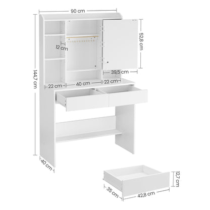 Kaptafel – Make-up Tafel – Opmaaktafel – Cosmeticatafel – Vanity Set – Wit Modern Design – LED Verlichting 3 Kleuren & Instelbare Helderheid – Verstelbare Planken & 2 Lades – Inclusief Spiegel