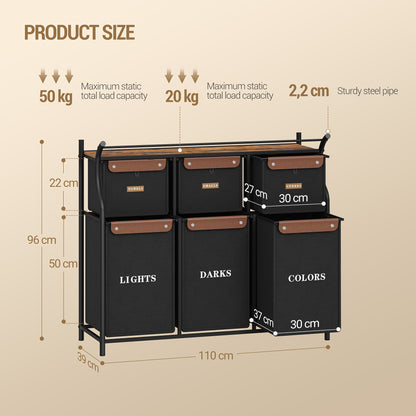 Wasmand – Wassorteerder – Wasbox – Waszak – Opbergmand – 6 Compartimenten Met Labels – 219 Liter Grote Capaciteit – Stevig Metalen Frame