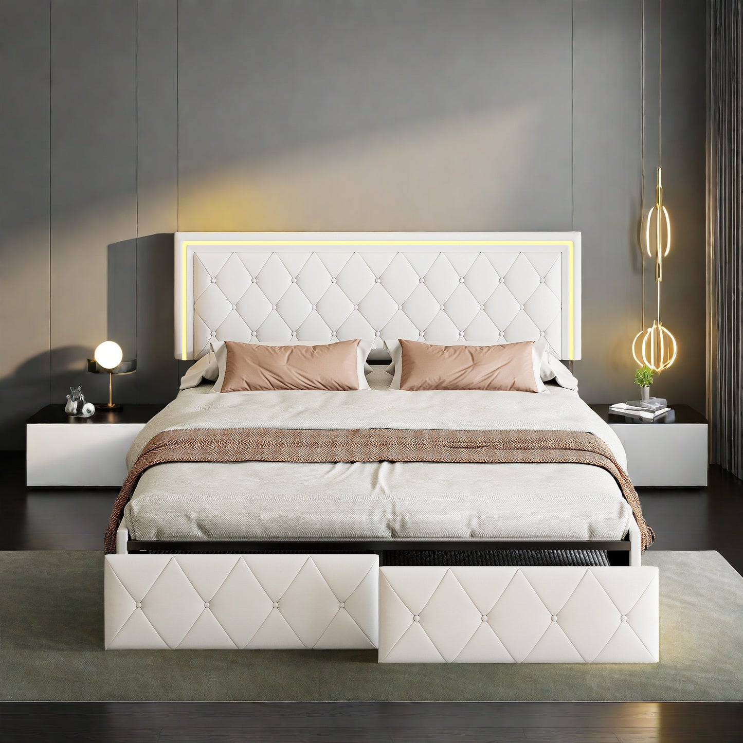 Double Bed with Storage, LED Lighting, 4 Drawers, USB Charging, Quick Assembly, PU Metal Frame, Classic Design, Suitable for Adult Bedrooms