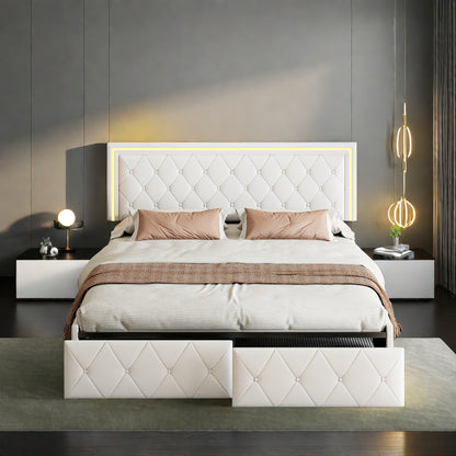 Double Bed with Storage, LED Lighting, 4 Drawers, USB Charging, Quick Assembly, PU Metal Frame, Classic Design, Suitable for Adult Bedrooms
