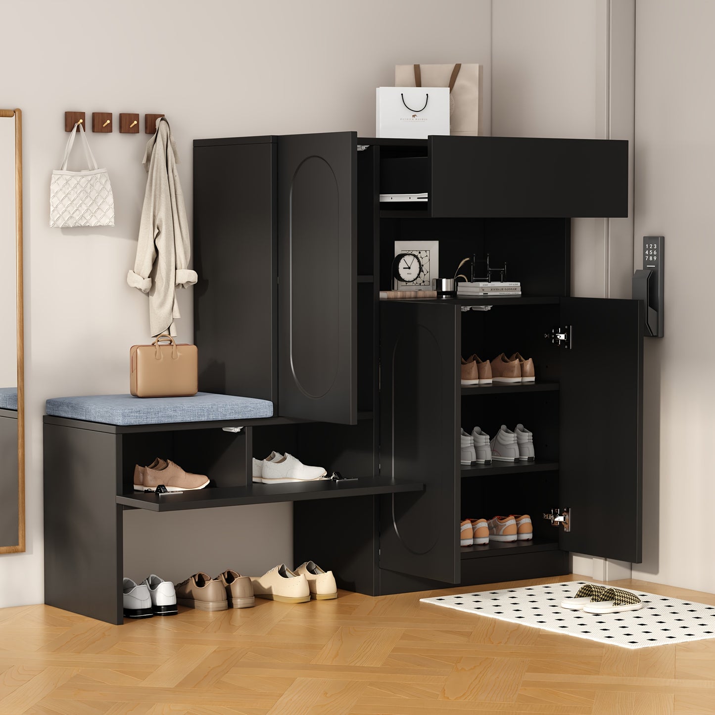 Schoenenkast – Schoenentkast – Schoenenrek – Schoenopberger – Schoenenbank – Zwart – Dubbele Soft-Close Vouwdeuren – Verstelbare Planken & Zitbank