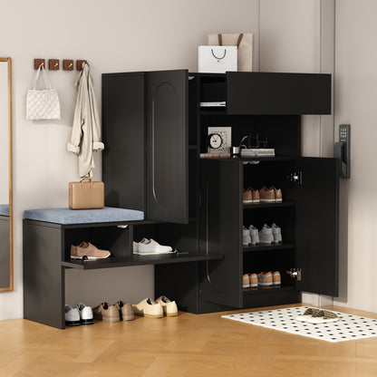 Schoenenkast – Schoenentkast – Schoenenrek – Schoenopberger – Schoenenbank – Zwart – Dubbele Soft-Close Vouwdeuren – Verstelbare Planken & Zitbank