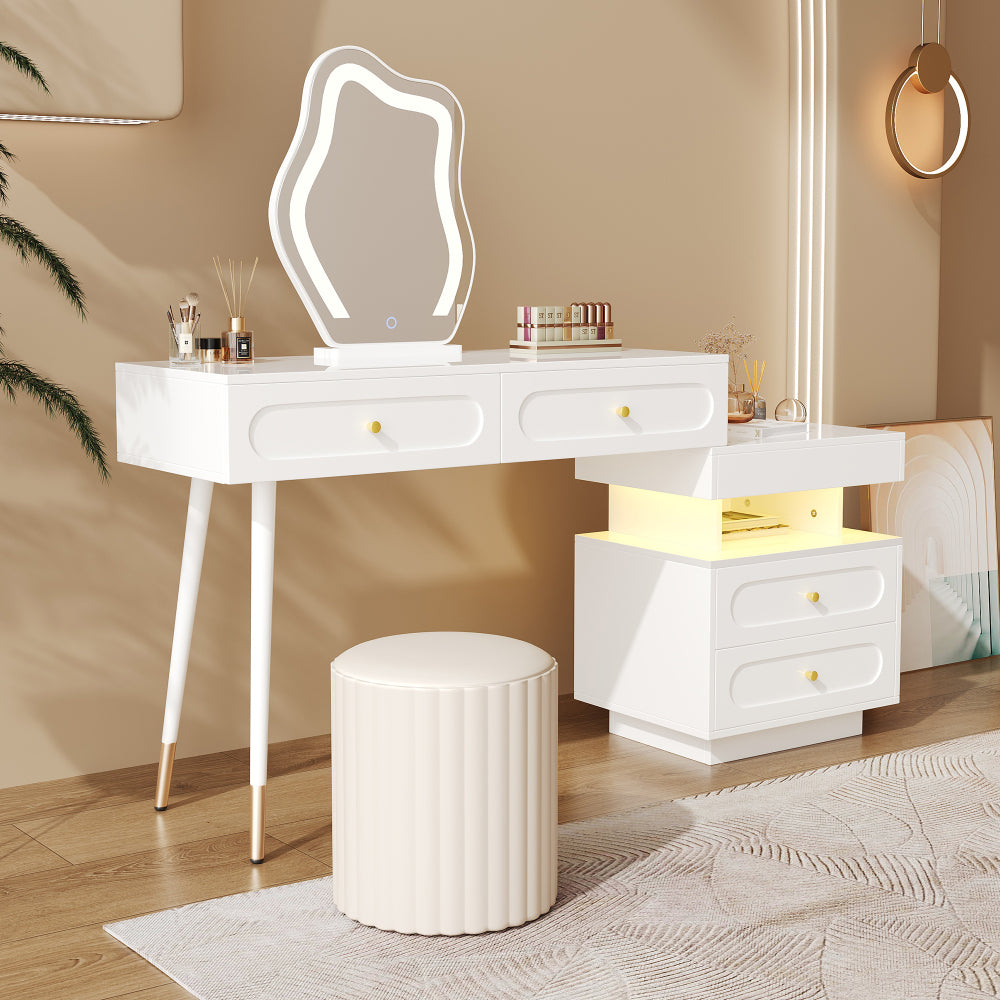 Kaptafel – Make-up Tafel – Dressing Table – Schoonheidstafel – Opbergmeubel – Modern Wit – Met 4 Lades en Open Plank – Compact Ruimtebesparend Ontwerp – Stevig Metalen Frame met Gouden Knoppen – Inclusief Kledingrek – 140x40x130 cm
