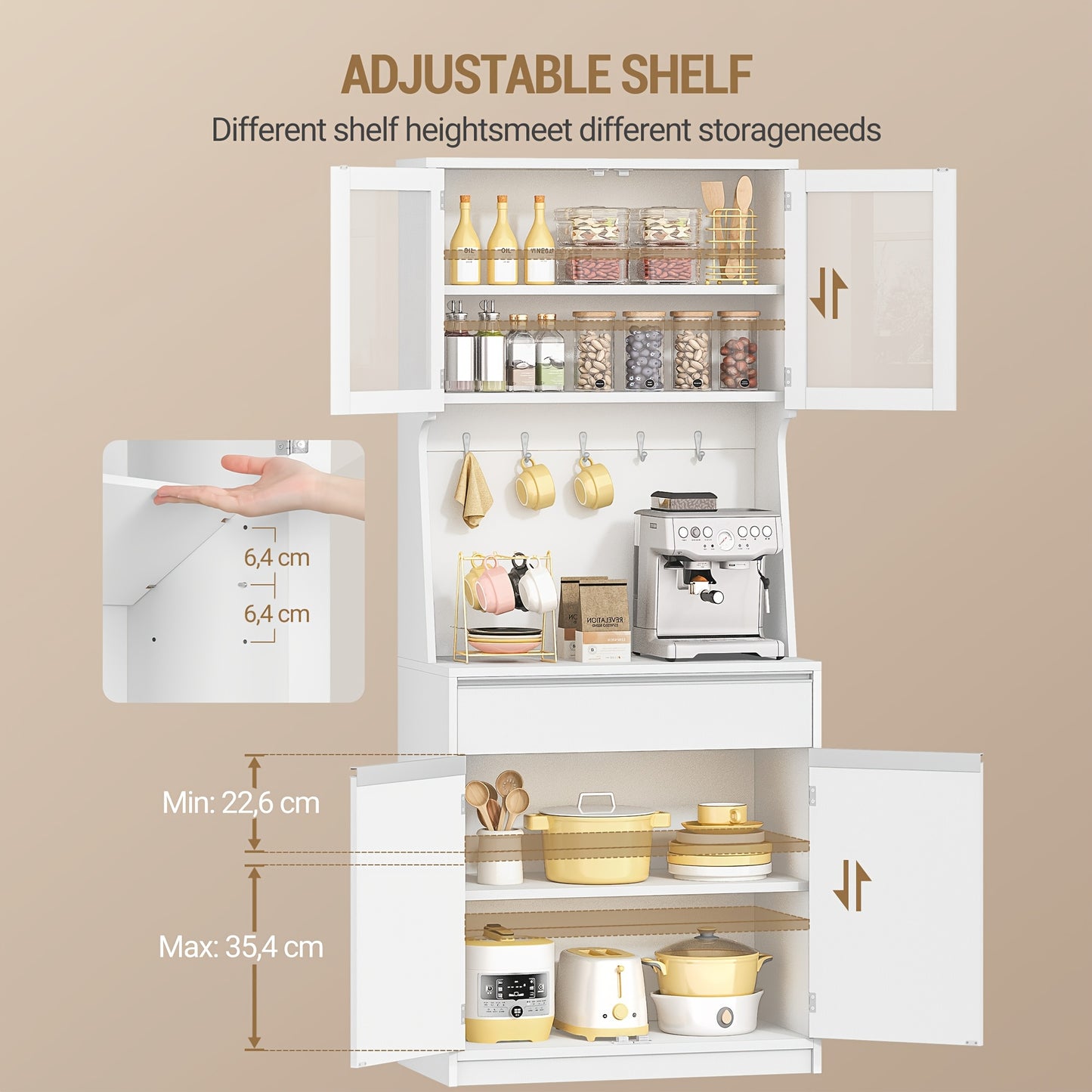Kitchen Cabinet, Sideboard High Cupboard with Countertop and 4 Storage Compartments Adjustable Shelves Suitable for Kitchen or Living Room, 40 × 75 × 180cm White, Dining Room Furniture, Stylish Sideboard, Sleek Storage, Par