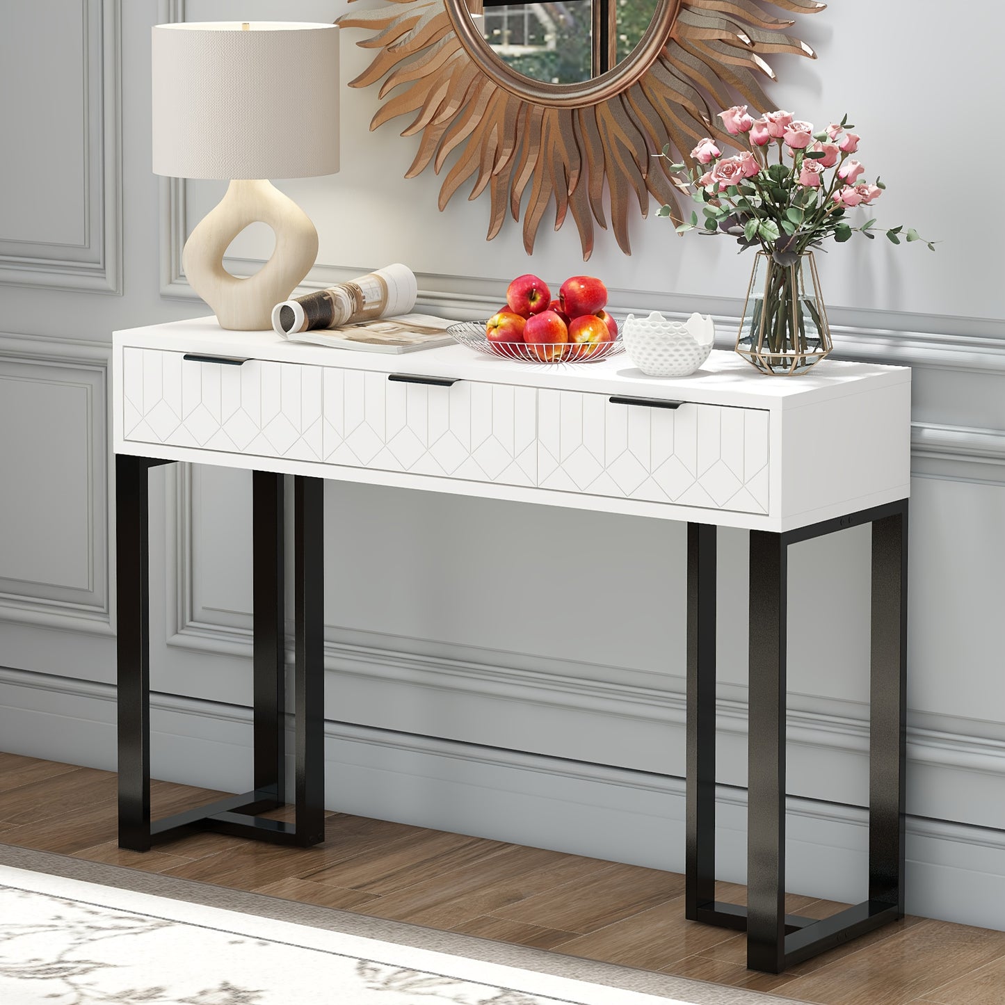 Console Tafel – Haltafel – Bijzettafel – Kaptafel – Opbergtafel – Goud Metaal Frame – 3 Lades – Afmeting 120x36x80 cm – Zonder Elektriciteit