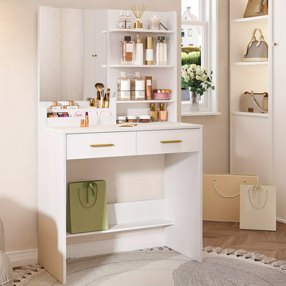 Kaptafel – Make-up Tafel – Schminktisch – Vanity Table – Dressing Table – Wit Met Spiegel – 4 Open Schappen & 2 Lades