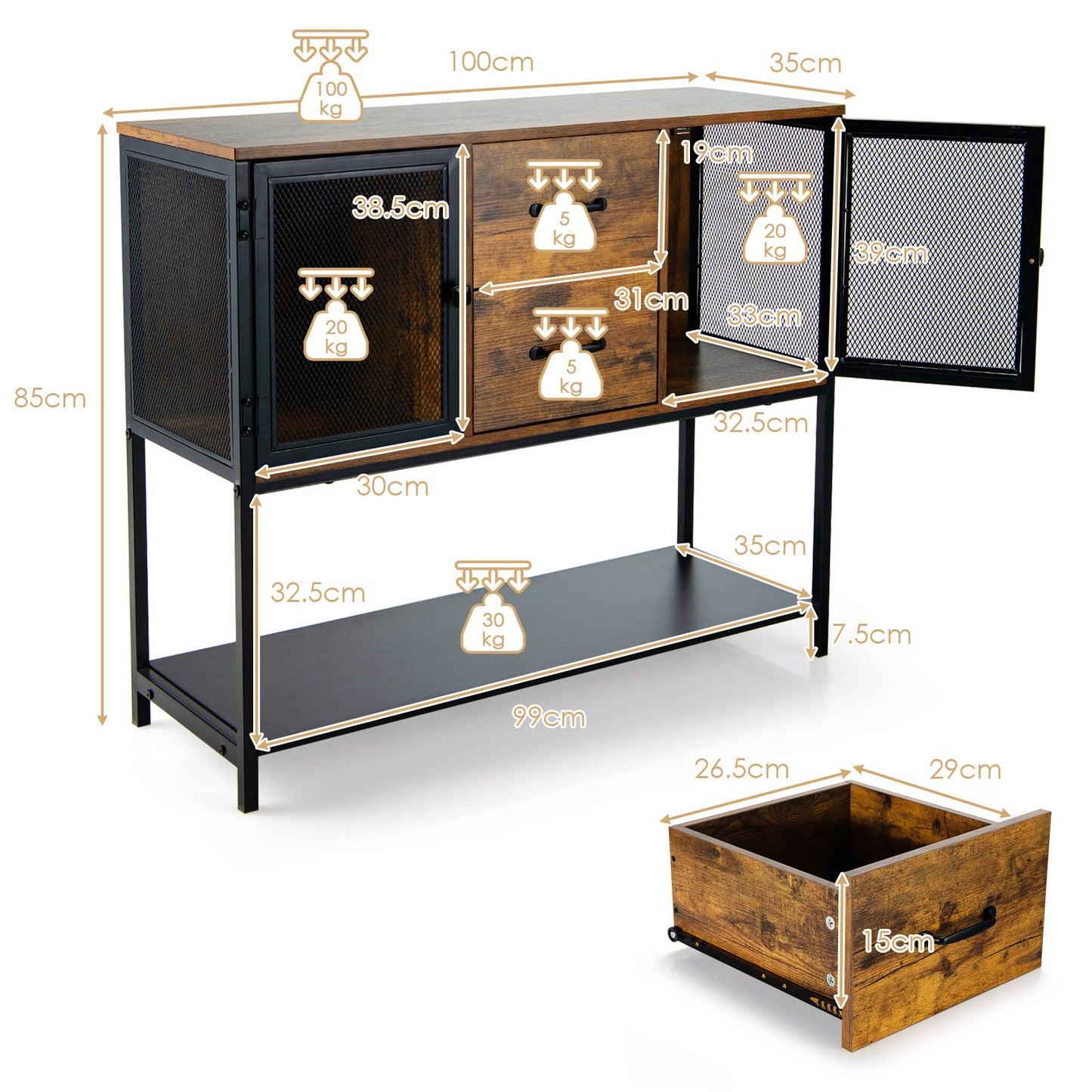 Dressoir – Ladekast – Opbergkast – TV-Meubel – Woonkamerkast – Industrieel Design – Hout En Zwart Staal – 100x35x85 cm