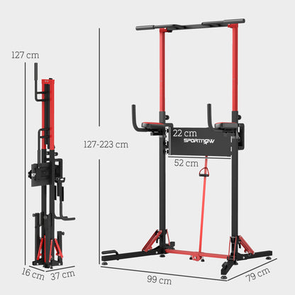 Pull-up Bar – Optrekstang – Dips Station – Fitness Rek – Trainingsstation – Inklapbaar – Verstelbare Hoogte 127-223 cm – Staal Zwart/Rood