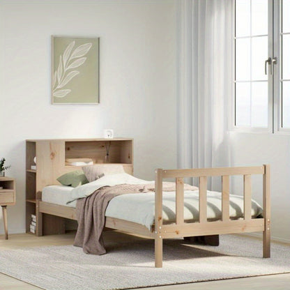 Bedframe – Studiebed – Opbergbed – Boekenbed – Eenpersoonsbed – Massief Pijnhout – Met Boekenplank Hoofdeinde – Compact 75x190 cm – Eenvoudige Montage – Modern Minimalistisch Design – Marrone
