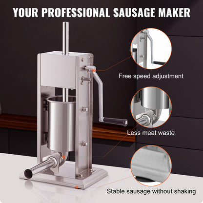 Worstenmaker – Worstenvuller – Worstvuller – Worstmachine – Sausage Stuffer – RVS 3L Capaciteit – Dubbele Luchtafgifteventielen