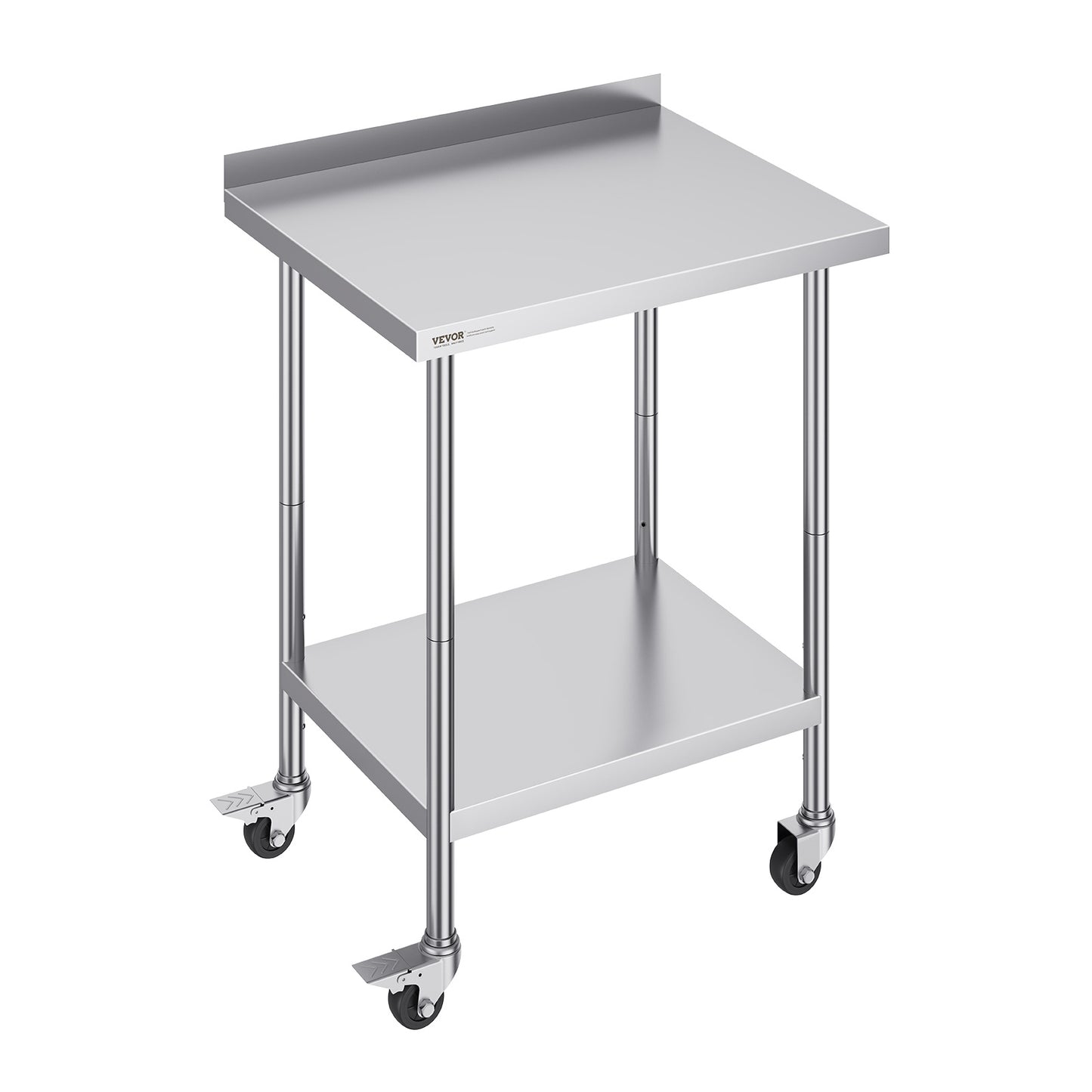RVS Werktafel – Roestvrijstalen Werkbank – Keukentafel – Werkblad – Bordes – Verstelbare Legplanken – 61x76x102 cm – Met Wieltjes en Remmen