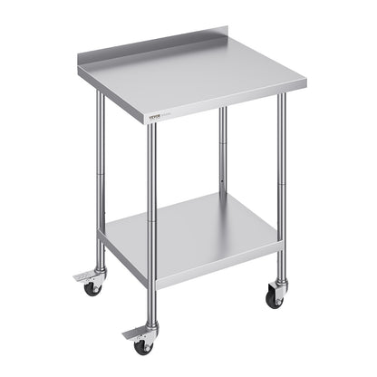 RVS Werktafel – Roestvrijstalen Werkbank – Keukentafel – Werkblad – Bordes – Verstelbare Legplanken – 61x76x102 cm – Met Wieltjes en Remmen