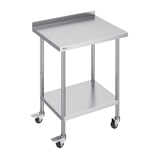 RVS Werktafel – Roestvrijstalen Werkbank – Keukentafel – Werkblad – Bordes – Verstelbare Legplanken – 61x76x102 cm – Met Wieltjes en Remmen