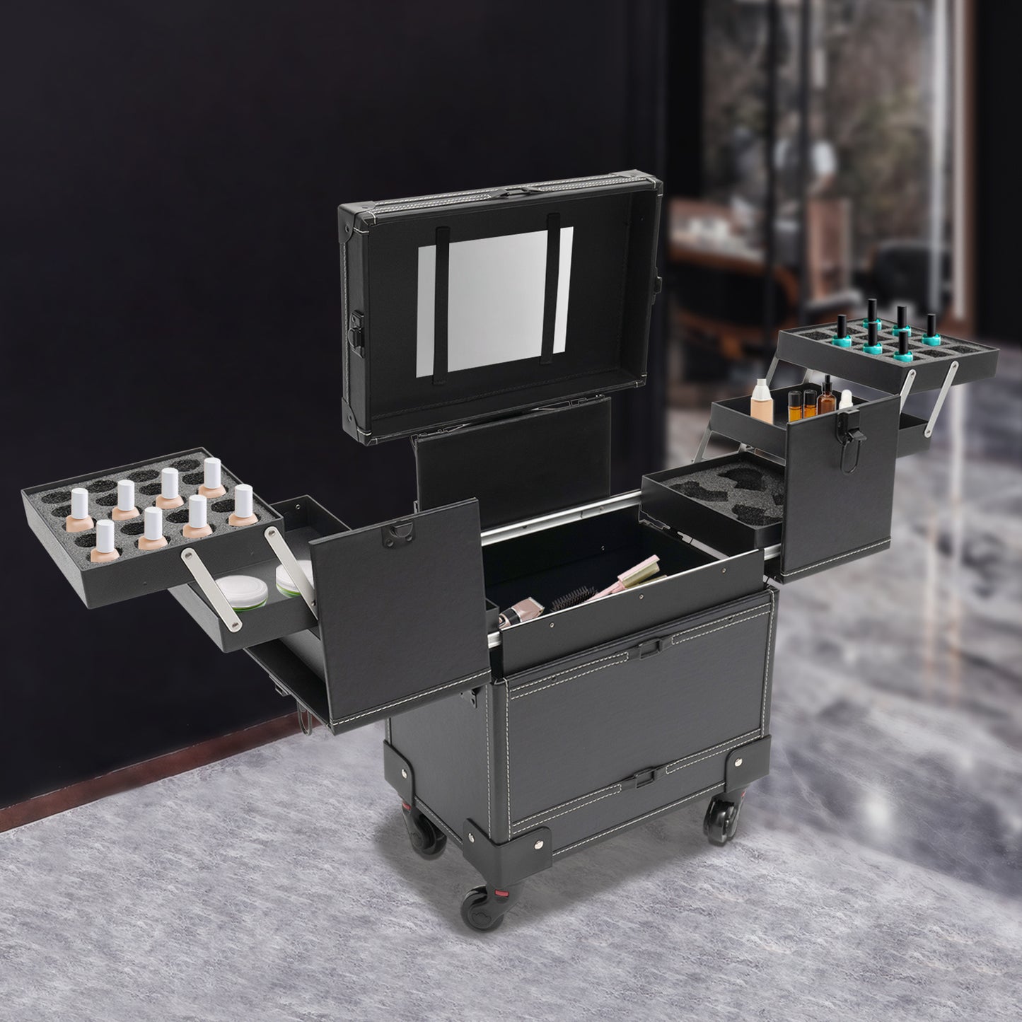 YIYIBYUS Professional Right-Angle Rolling Makeup Trolley - Durable PU Beauty Organizer with Multiple Compartments & Trays, Black Cosmetic Case for Makeup Artists, Nail Technicians, Hairdressers - Salon & Travel Use
