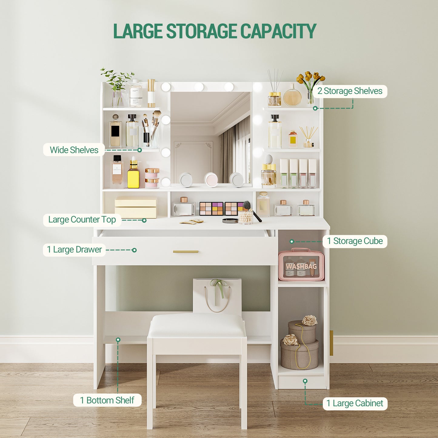 Make-up Tafel – Kaptafel – Dressoir – Sieradendoos – Make-up Kast – Witte Make-up Tafel – Ingebouwde LED-verlichting – Ruime Opberglades en Open Vakken