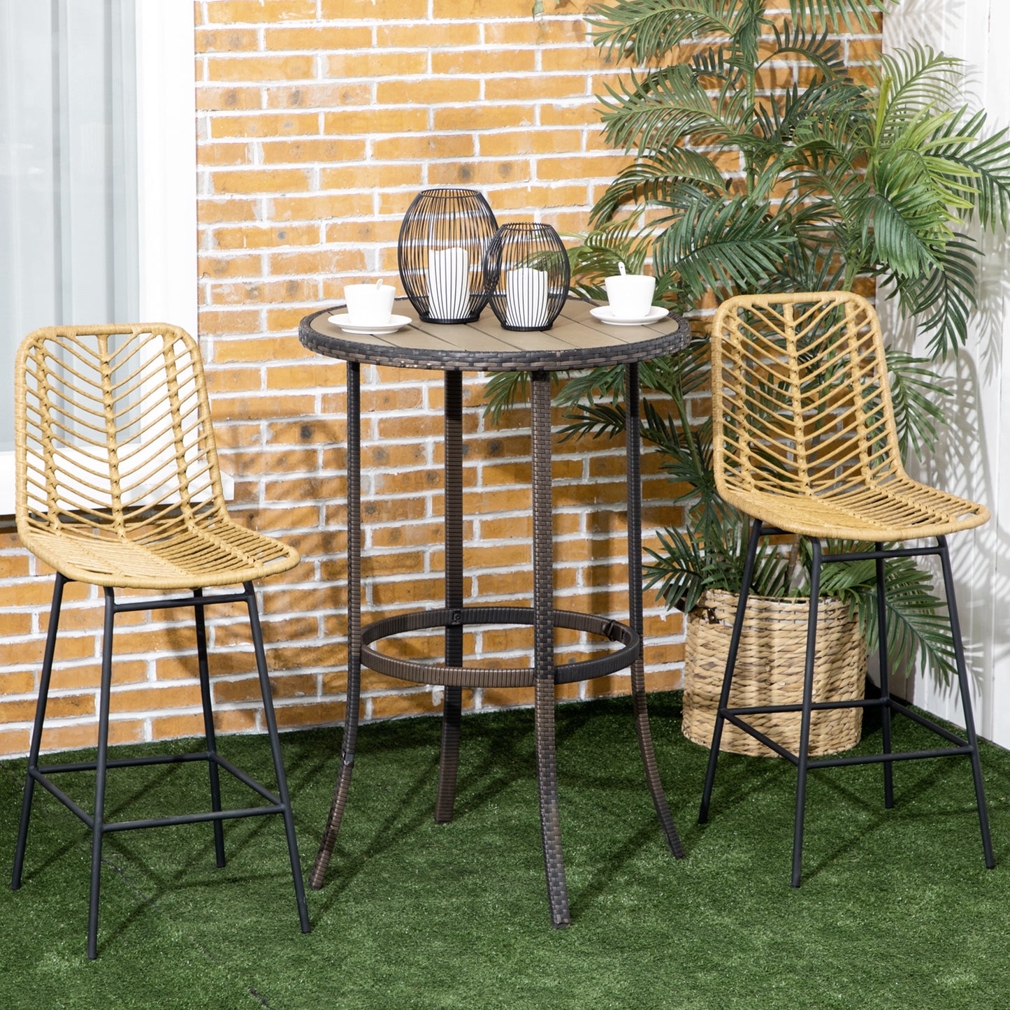 Barstoel – Barstoel Met Rugleuning – Keukenstoel – Barkruk – Boho Barstoel – Geel – PE Rattan & Stalen Frame – Ergonomische Rugleuning & Voetensteun