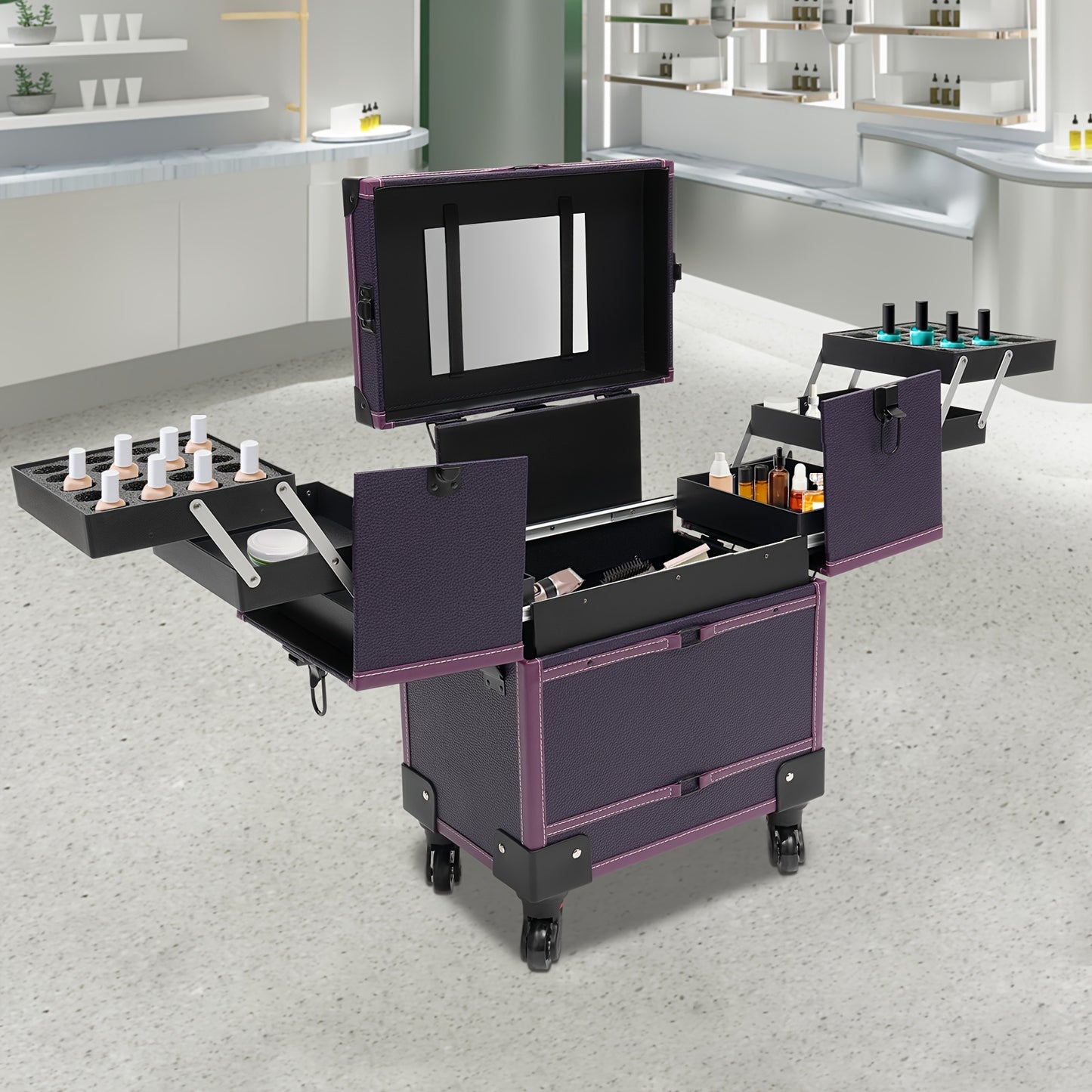 Make-upkoffer – Make-up Train Case – Cosmetica Koffer – Beautycase – Trolley – Stevig Materiaal – Ingebouwde Spiegel