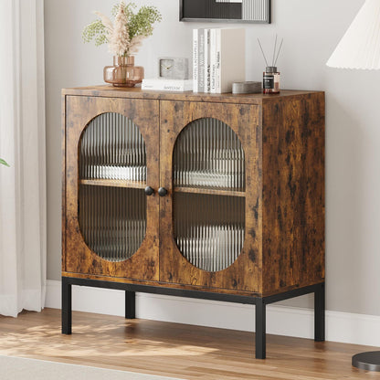 Set of 2 Rustic Buffet Storage Cabinets with 2 Fluted Glass Doors | European Style Hardwood Sideboard Accent Console Bar Cabinets for Dining Room, Kitchen, Living Room, Hallway, Floor Mount, Brown