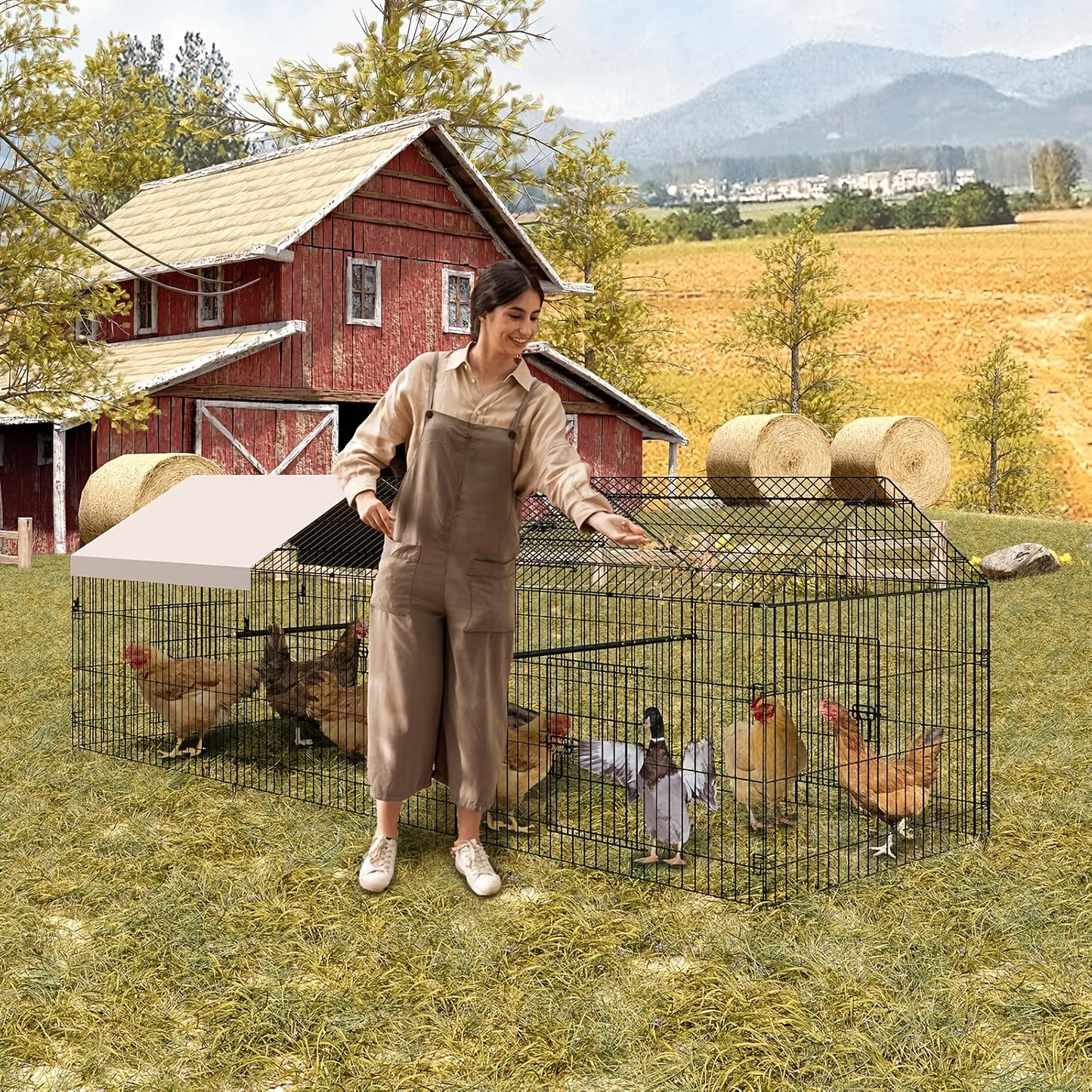 Kippenren – Buitenren – Kippenhok – Pluimveebak – Dierenren – 330x102x102 cm – Stevig Metaal – Weerbestendige Halfopen Overkapping
