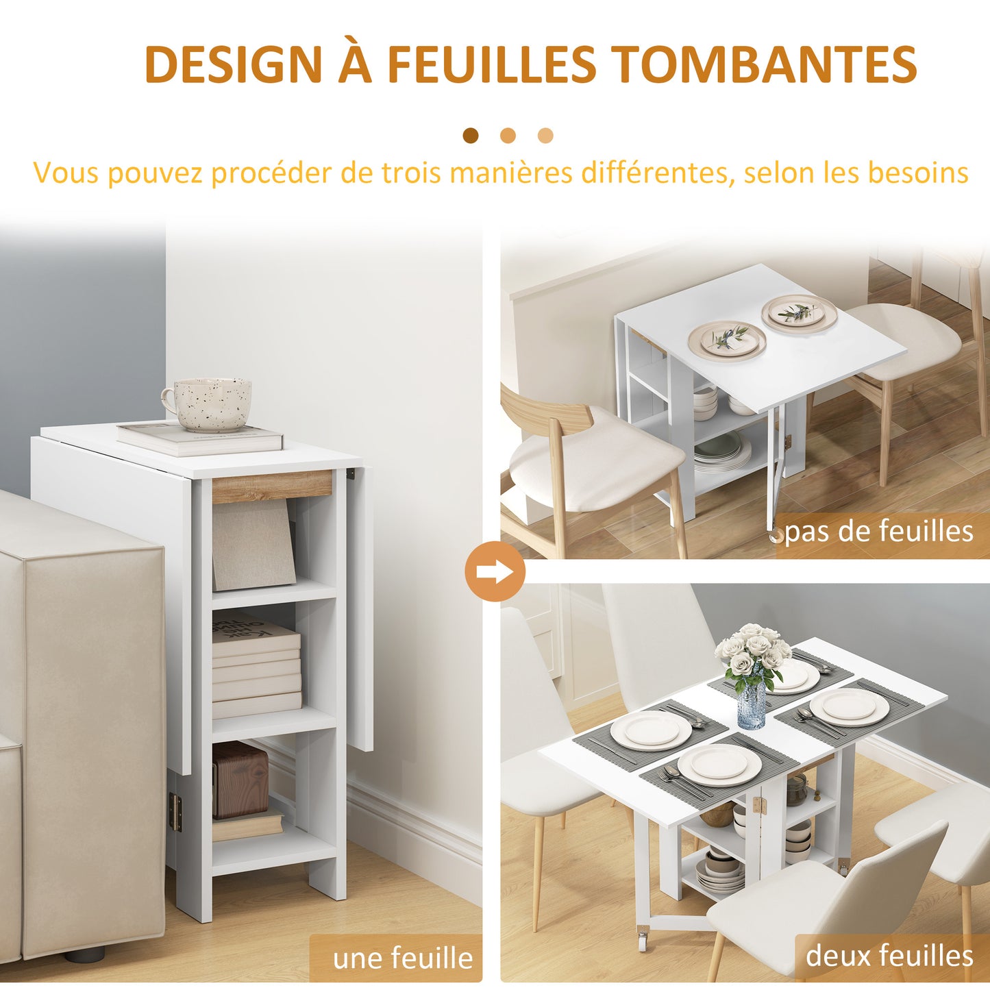 Opvouwbare Eettafel – Klaptafel – Keukentafel – Wieltjes Trolley – Inklapbare Tafel – Moderne Compacte Ontwerp – 120x60x75 cm – Met 2 Uitklapbare Bladen & 3 Planken – Wit