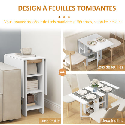 Opvouwbare Eettafel – Klaptafel – Keukentafel – Wieltjes Trolley – Inklapbare Tafel – Moderne Compacte Ontwerp – 120x60x75 cm – Met 2 Uitklapbare Bladen & 3 Planken – Wit