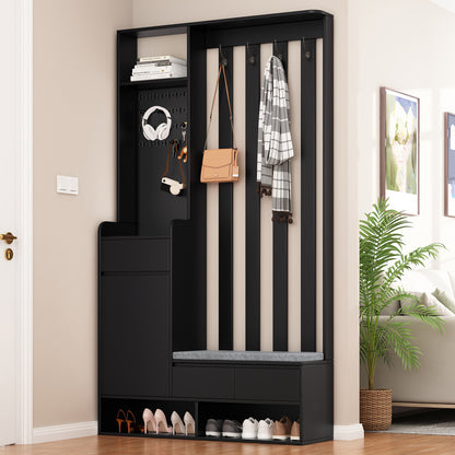 Kapstokkast – Garderobekast – Halmeubel – Schoenenkast – Staande Kapstok – Modern – Multifunctioneel – MDF & Hardhout – Gestoffeerde Opbergbank – 180x100x35 cm – Zwart – 4 Metalen Haken – Opberglades & Planken
