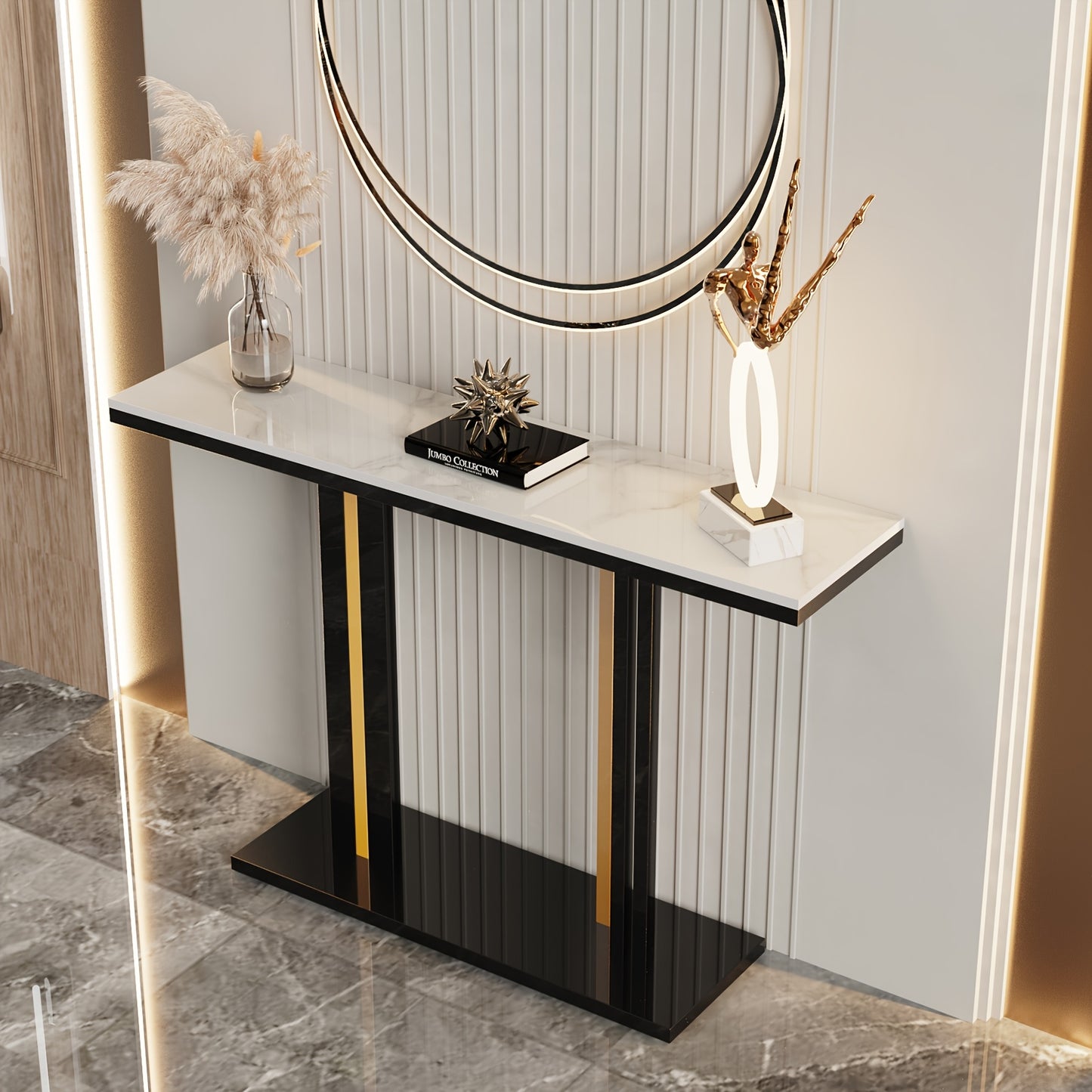 Sidetable – Consoletafel – Wandtafel – Haltafel – Bijzettafel – Krasbestendig Gesinterd Steen Blad – Zwart Gouden Metaalframe