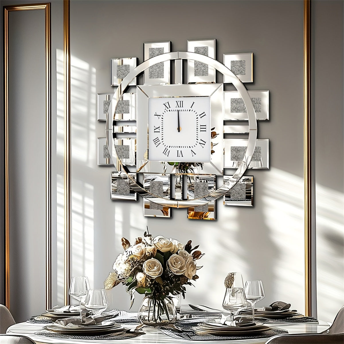 Spiegelklok – Wandklok – Muurklok – Klok Rond – Quartz Klok – 60 cm Diameter – Crushed Kristal & Gouden Spiegelglas