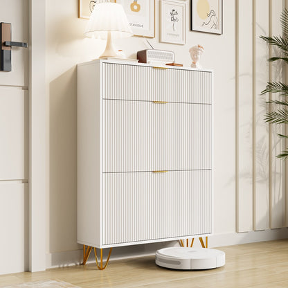 Schoenenkast – Schoenenrek – Schoenendresser – Schoenopberger – Halmeubel – 3 Lagen Opbergruimte – Wit MDF Met Goudkleurige Accenten – 80x24x118,5 cm Compact Formaat