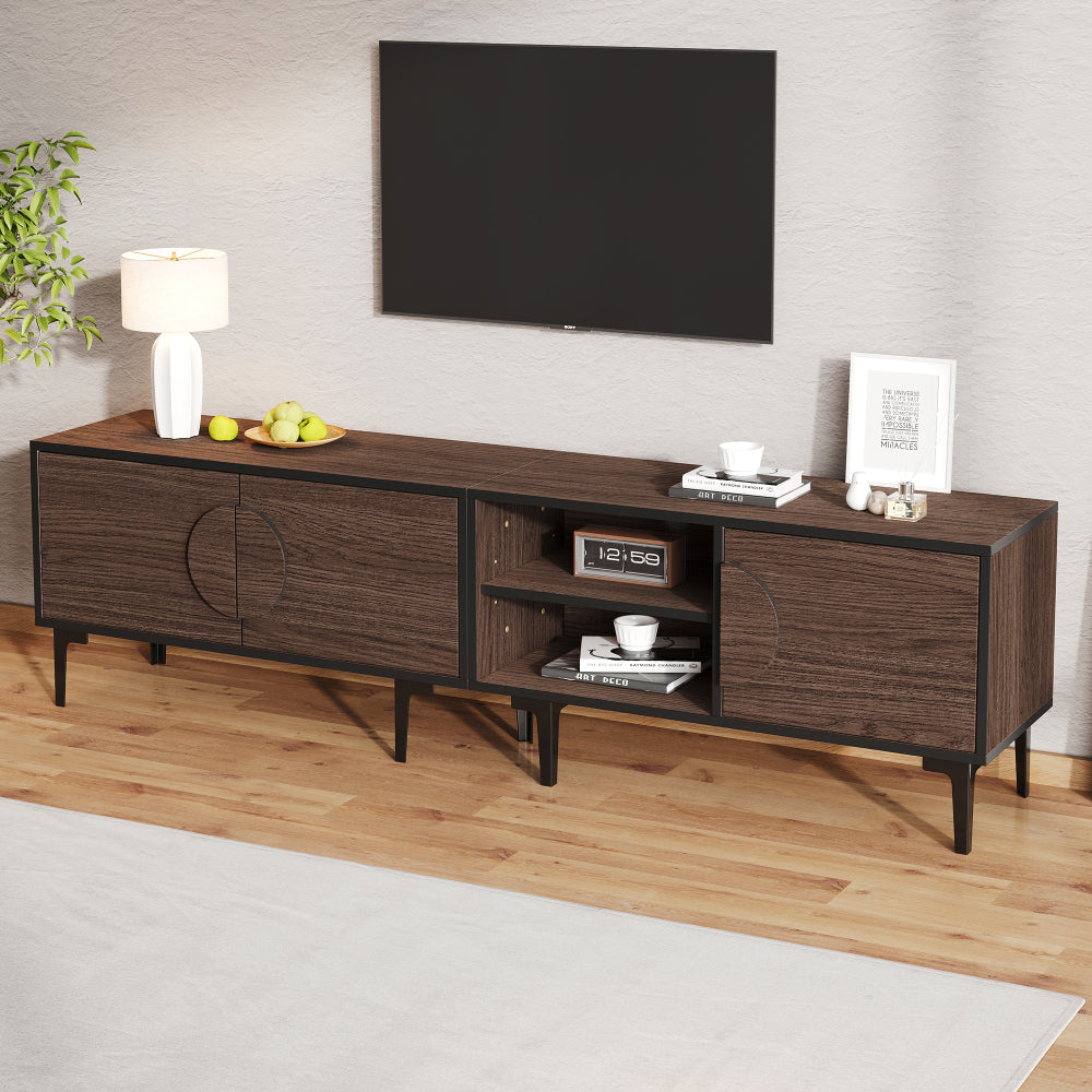 Modern Low-Profile TV Stand Compatible for 80-Inch TVs - Dark Walnut Media Console with Double Doors & Open Shelving, Heavy-Duty Metal Frame, Assembly (Living Room Furniture)