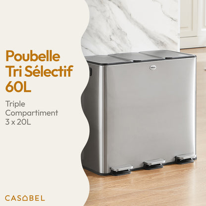 Drievoudige Prullenbak – Afvalbak – Recyclingbak – Selectiebak – Keukenbak – RVS Geborsteld – 3x20L Compartimenten – Voetbediening & Anti-Vingerafdruk Coating