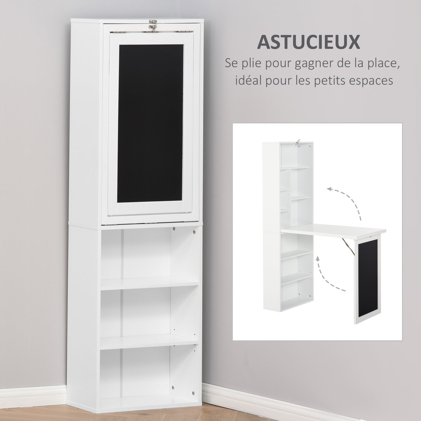 Klapbureau – Opklapbare Werktafel – Muurbureau – Schrijftafel – Opbergbureau – Wit – MDF Houtfineer – Ingebouwd Whiteboard & Boekenplank