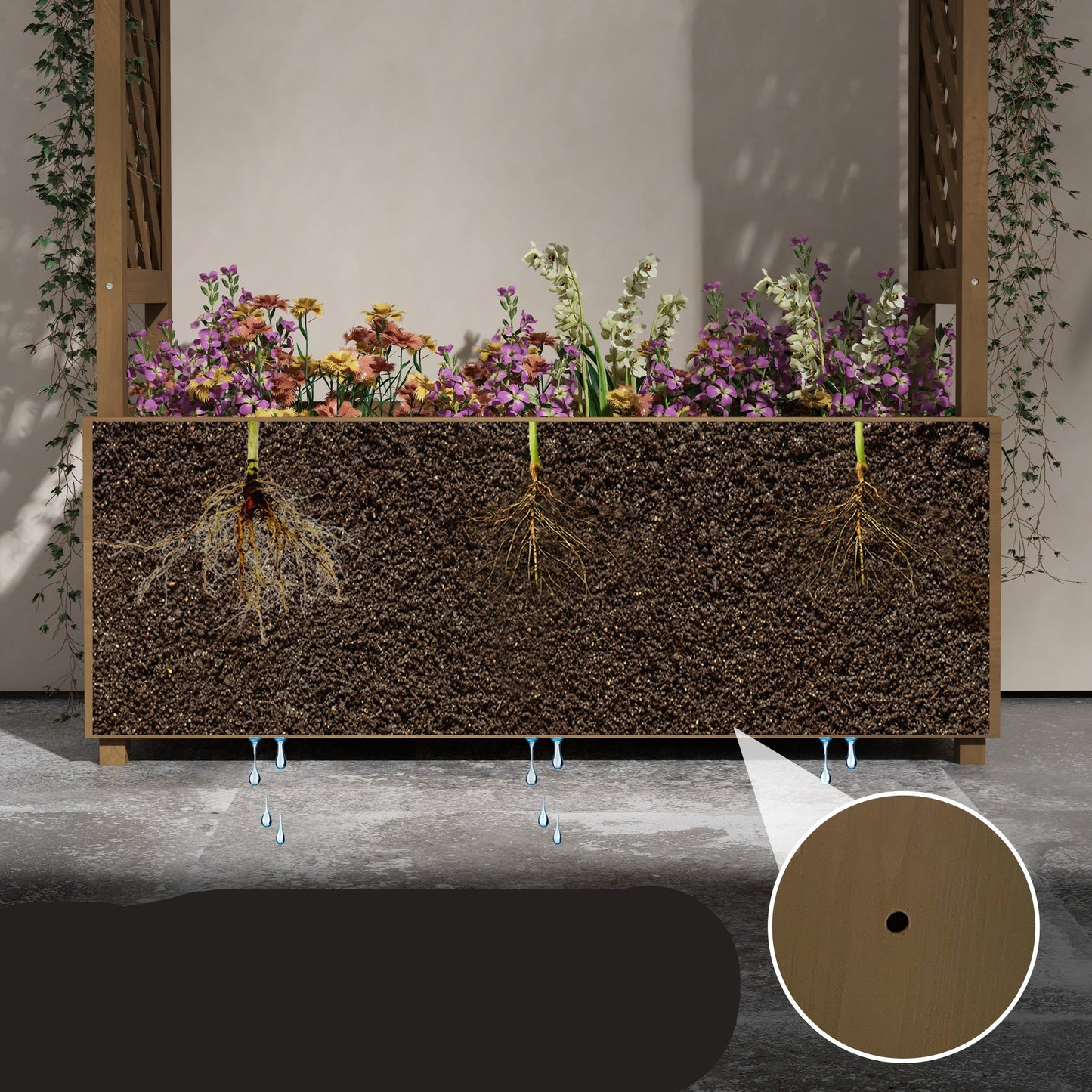 Plantenbak – Bloembak – Bloempot – Kweekbak – Tuinbak – Houten plantenbak op poten met boog en trellis – Groot formaat 112x41x180 cm – Voorbehandeld vurenhout met optimale waterafvoer