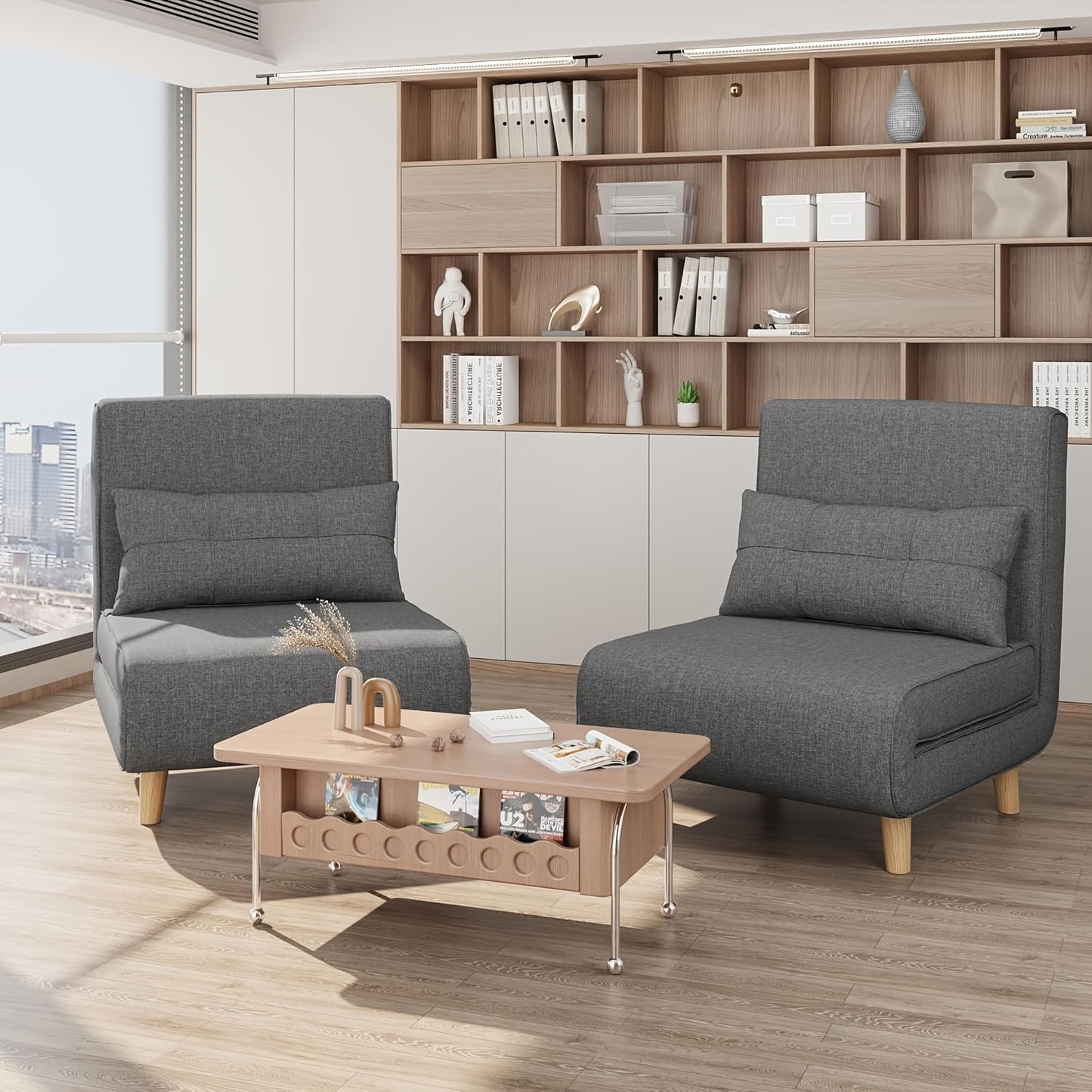 Slaapbank – Bedbank – Relaxfauteuil – Slaapstoel – Logeerbed – 3-in-1 Multifunctioneel – Verstelbare Rugleuning – Donkergrijs Met Kussens