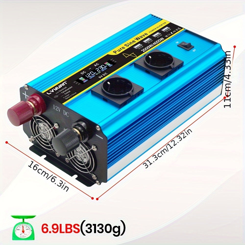 Omvormer Auto – Stroomadapter – Spanningsomzetter – Inverter – Converter – 2000W Continu Vermogen – Pure Sinusgolf Met LCD Display