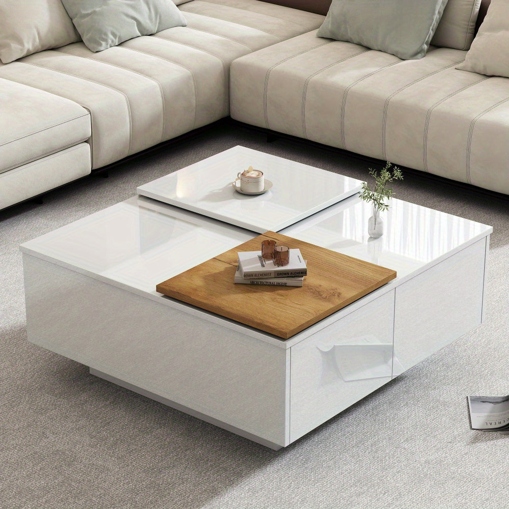 Salontafel – Koffietafel – Tafel – Tafeltje – Bijzettafel – Hoogglans Wit – Met Opbergruimte – Verplaatsbaar Tafelblad – Compact 75x75x33,5 cm