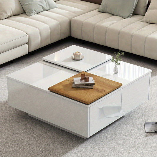 Salontafel – Koffietafel – Tafel – Tafeltje – Bijzettafel – Hoogglans Wit – Met Opbergruimte – Verplaatsbaar Tafelblad – Compact 75x75x33,5 cm