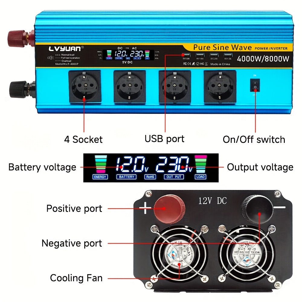 Omvormer 24V – Spanningsomvormer – Gelijkstroomomzetter – Sinusomvormer – Stroomconverter – 4000W Piekvermogen – Pure Sinusgolf & 4 AC Stopcontacten