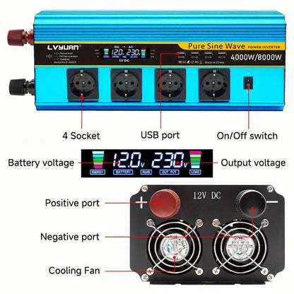 Omvormer 24V – Spanningsomvormer – Gelijkstroomomzetter – Sinusomvormer – Stroomconverter – 4000W Piekvermogen – Pure Sinusgolf & 4 AC Stopcontacten
