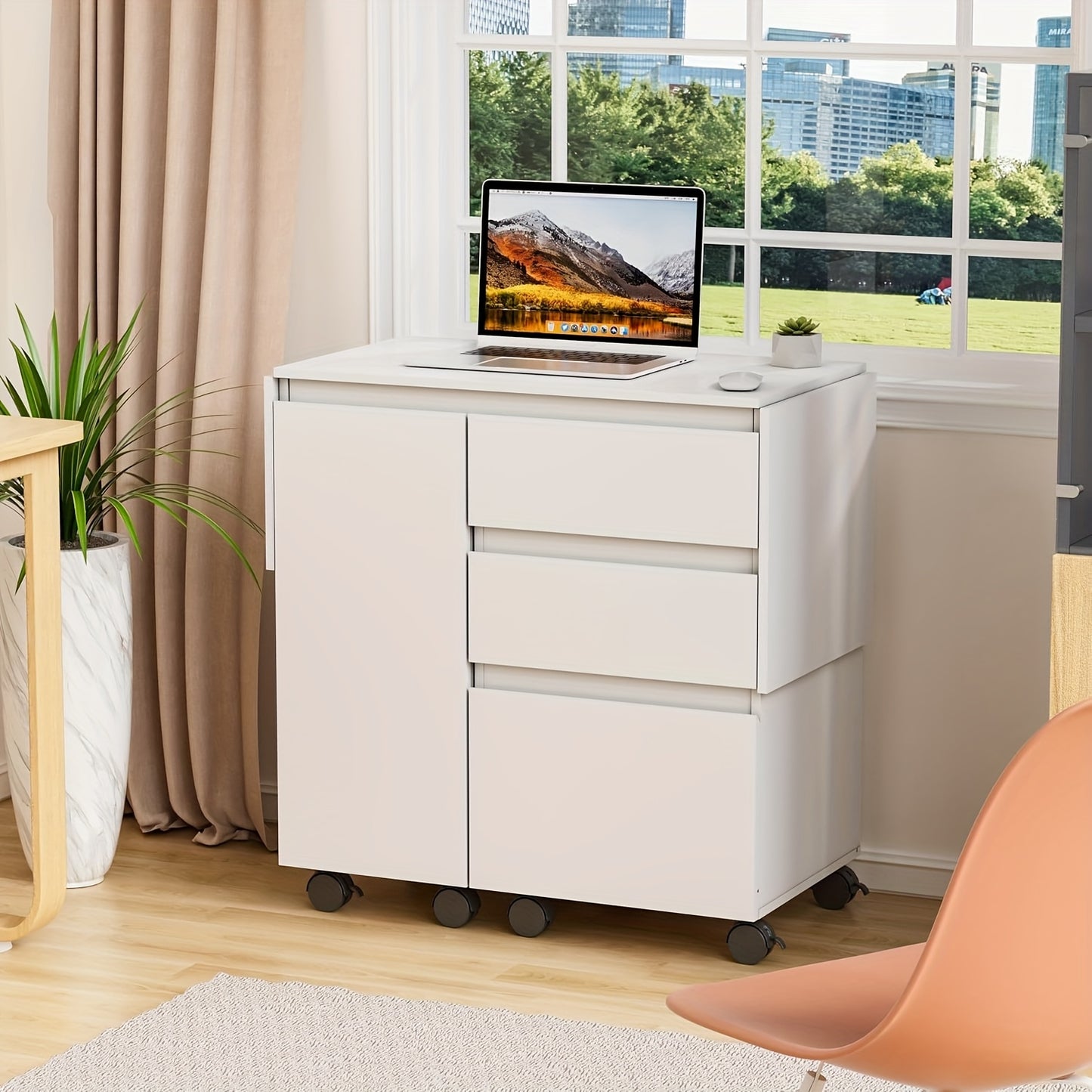 bureau – schrijftafel – computertafel – werkplek – bureau met lades – uitschuifbaar tafelblad 120 cm – inklapbaar design wit