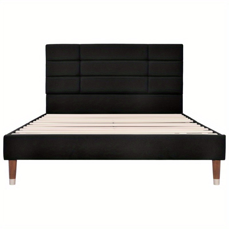 Tweepersoons Bedframe – Bedbodem – Boxspring – Bedframe Met Matras – Slaapbank – Zwart Linnen Gestoffeerd – 140x200 Cm – Inclusief Slatted Basis Met Donzen Kern Matras