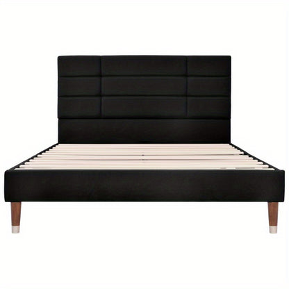 Tweepersoons Bedframe – Bedbodem – Boxspring – Bedframe Met Matras – Slaapbank – Zwart Linnen Gestoffeerd – 140x200 Cm – Inclusief Slatted Basis Met Donzen Kern Matras
