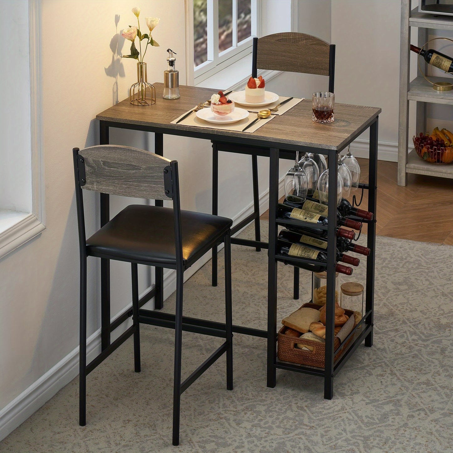 2-in-1 Counter Height Bar Table Set with Storage Shelf & Wine Rack - Space-Saving 3pcs Modern Dining Table with Cup Holders, Foldable Design