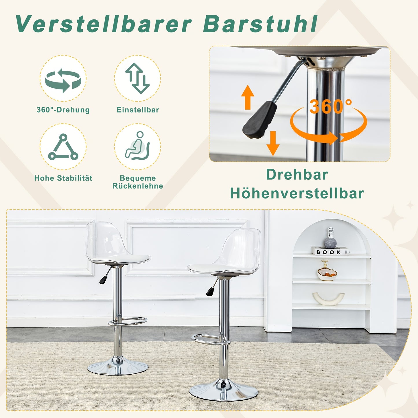 Barkrukken – Barstoelen – Krukken – Stoelen – 2-delige Set – 360° Draaibaar – Verstelbare Hoogte 81,8-99 cm – Transparante Rugleuning – Metalen Poten