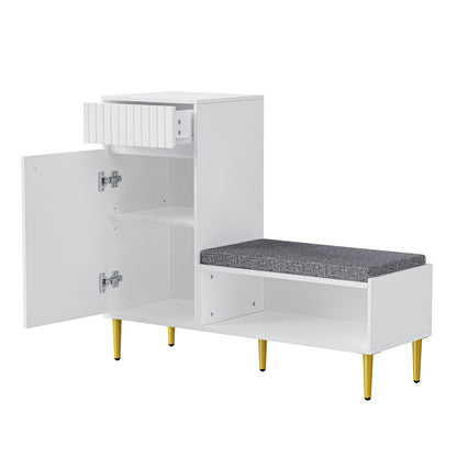 BTM Modern Shoe Cabinet with Bench, 1 Door, 1 Drawer, 1 Open Shelf, Padded, White, 100x35x82.2 cm