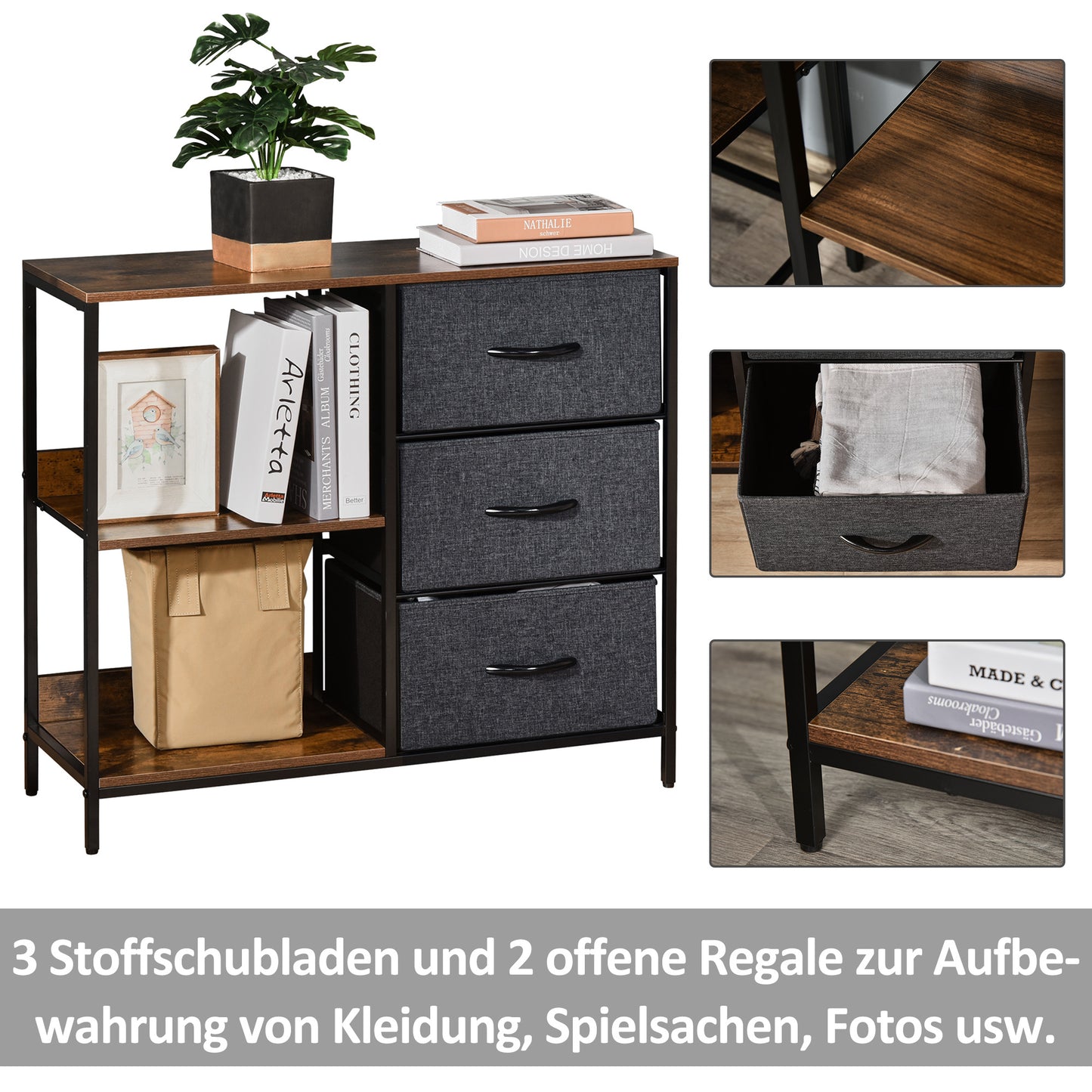 Opbergkast – Opbergmeubel – Kast Met Lades – Opbergbox – Opbergdoos – Rustic Brown Dark Grey – Metalen Frame – 3 Stoffen Lades