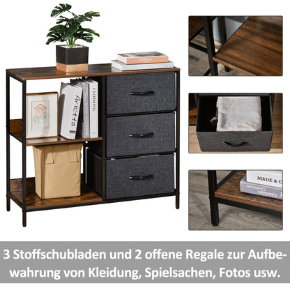 Opbergkast – Opbergmeubel – Kast Met Lades – Opbergbox – Opbergdoos – Rustic Brown Dark Grey – Metalen Frame – 3 Stoffen Lades