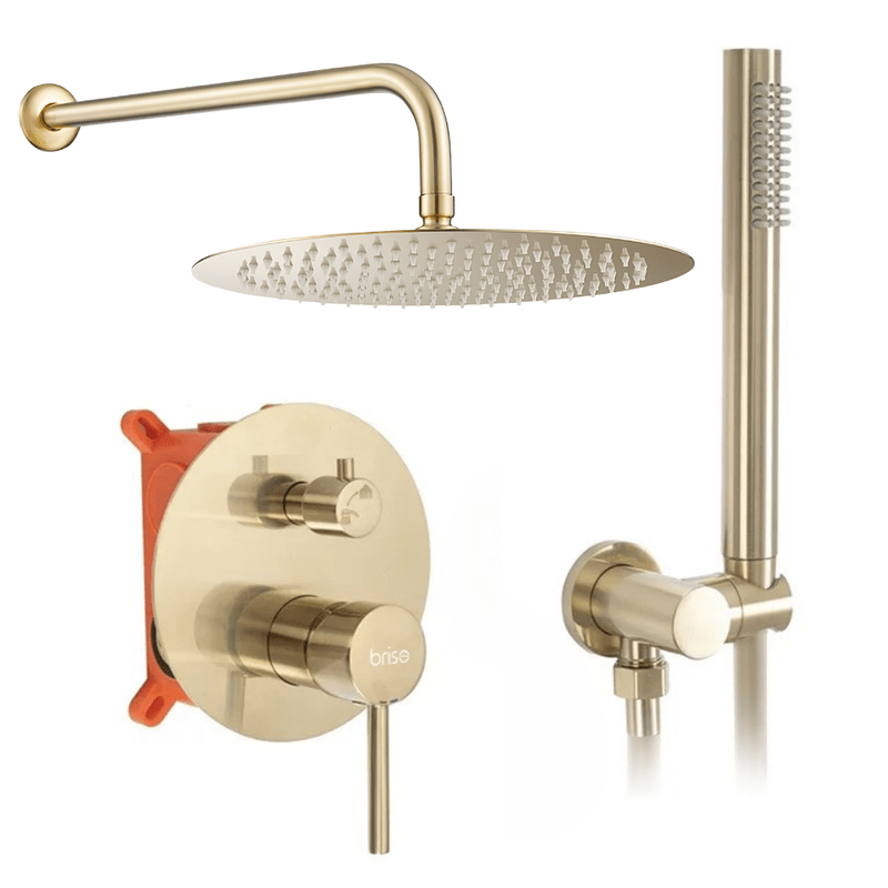 Wandmontage Douchekraan – Regendouche – Doucheset – Handdouche – Badkamerkraan – Matte Gouden Afwerking – 24 cm Ultra Dun Regendouchekop – Keramische Cartridge